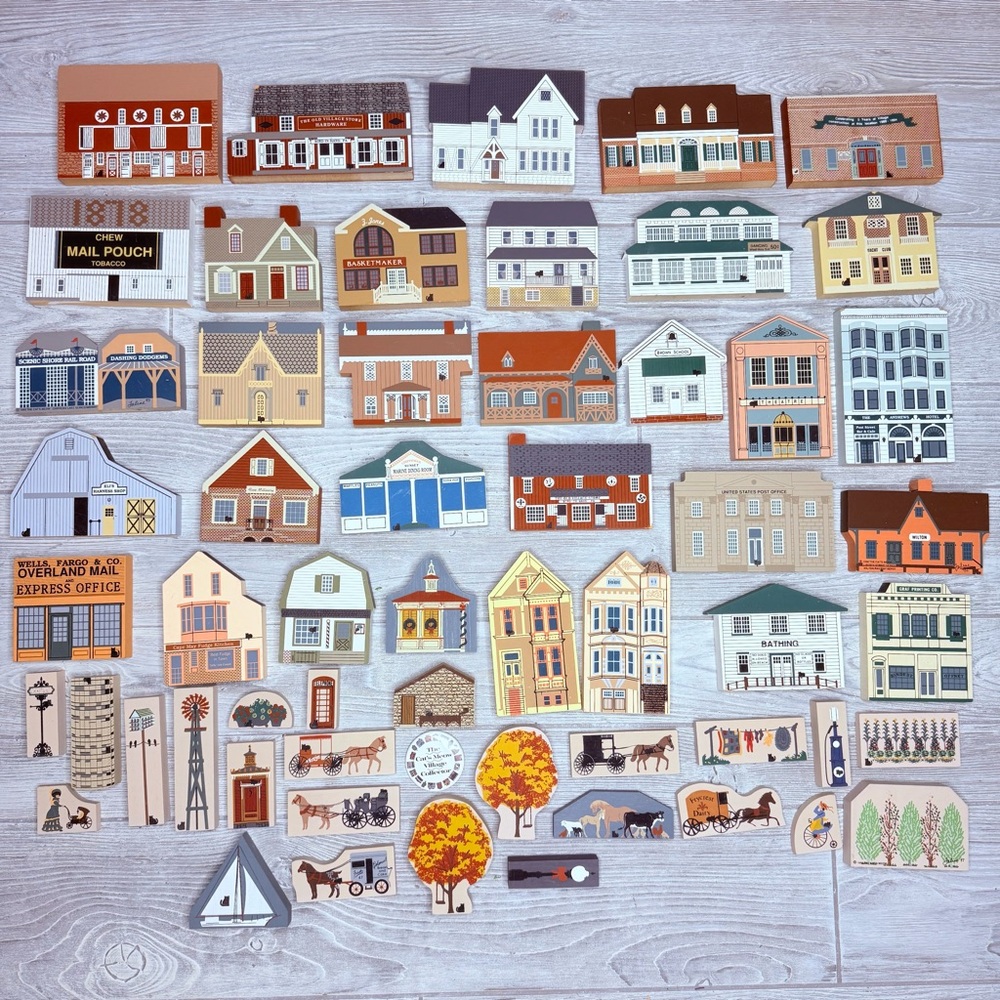 Vintage 56 cats meow wooden village pieces and one collectors pin country cat